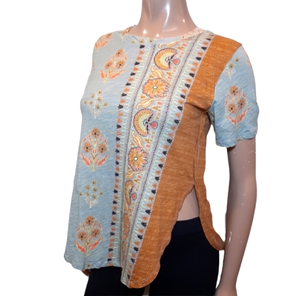 Anthropologie POSTMARK Paisley Top Boho Patchwork Short Sleeve Tshirt Size XS